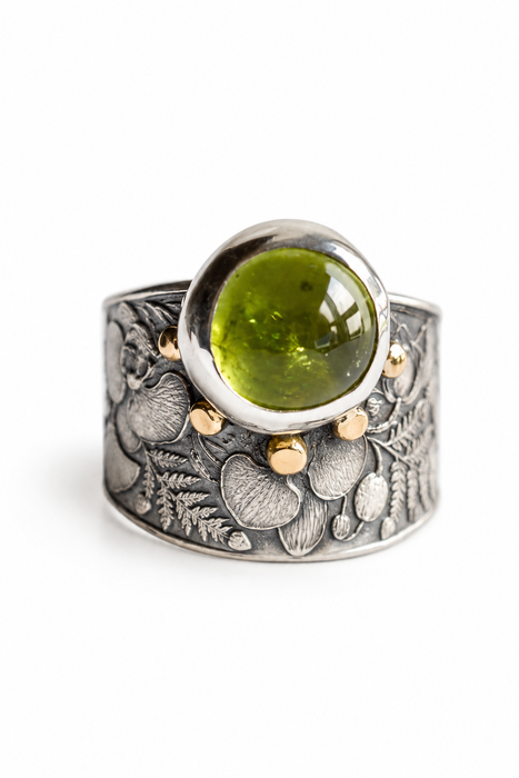 Peridot Botanical Ring in Silver and Gold