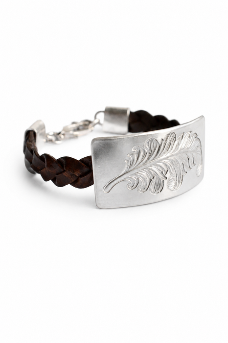 Hand engraved silver feather leather cuff