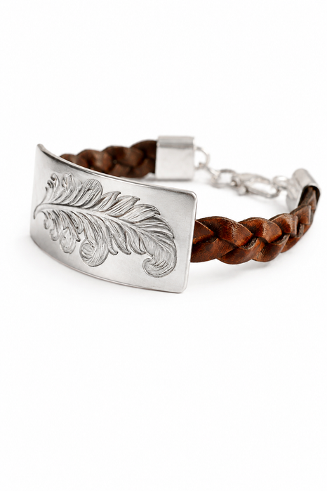 Hand engraved silver feather leather cuff