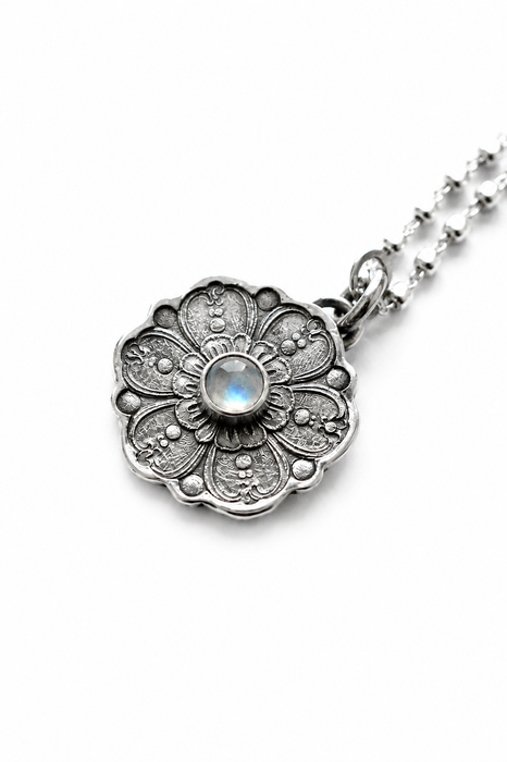 Etched Silver Flower and Moonstone Necklace