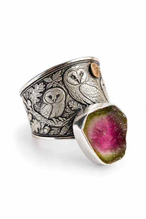 Owl & Watermelon Tourmaline Ring