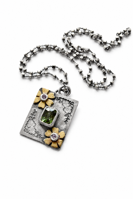 Forest Light Keepsake Necklace - Ludwigite Pendant in Silver with Floral Details