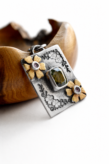 Forest Light Keepsake Necklace - Ludwigite Pendant in Silver with Floral Details