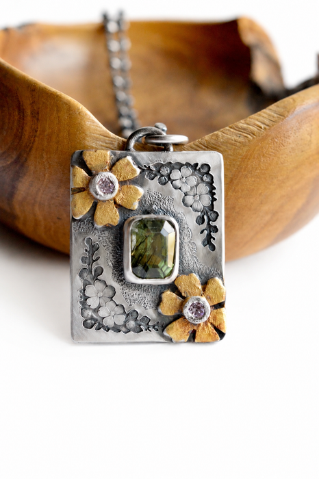 Forest Light Keepsake Necklace - Ludwigite Pendant in Silver with Floral Details