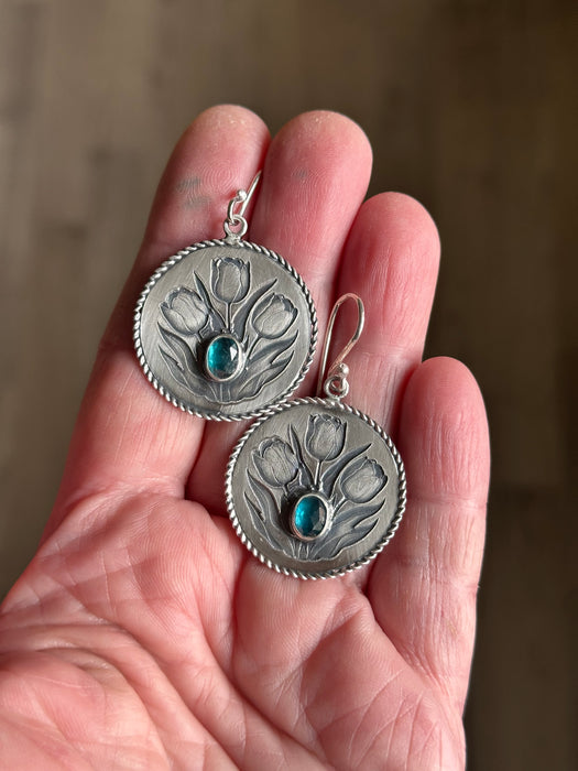 Silver Etched Tulip Earrings with Teal Kyanite