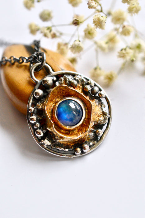Blue Fire Moonstone Molten Gold & Silver Talisman Necklace
