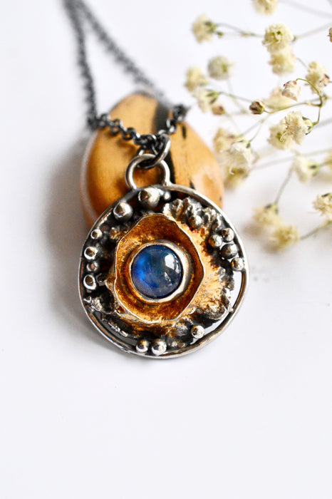 Blue Fire Moonstone Molten Gold & Silver Talisman Necklace