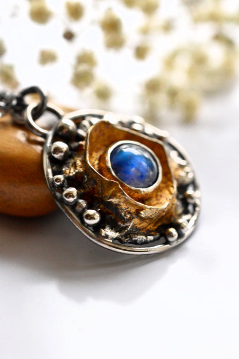 Blue Fire Moonstone Molten Gold & Silver Talisman Necklace