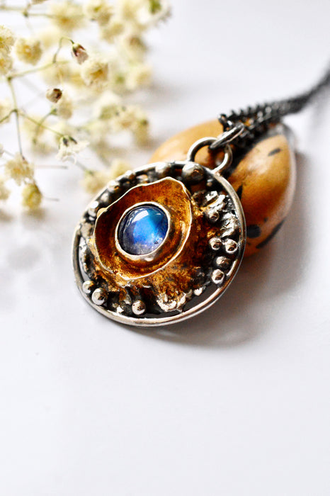 Blue Fire Moonstone Molten Gold & Silver Talisman Necklace