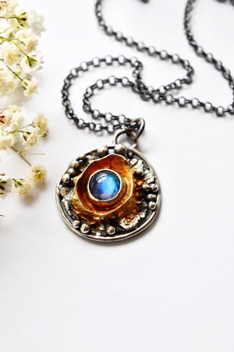 Blue Fire Moonstone Molten Gold & Silver Talisman Necklace