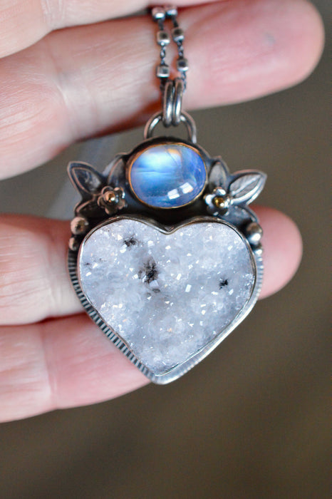 Druzy Agate and Moonstone Pendant in Silver and Gold