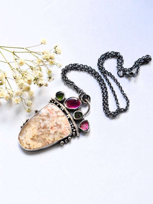 Regency Plume Agate and Tourmaline Necklace in Silver