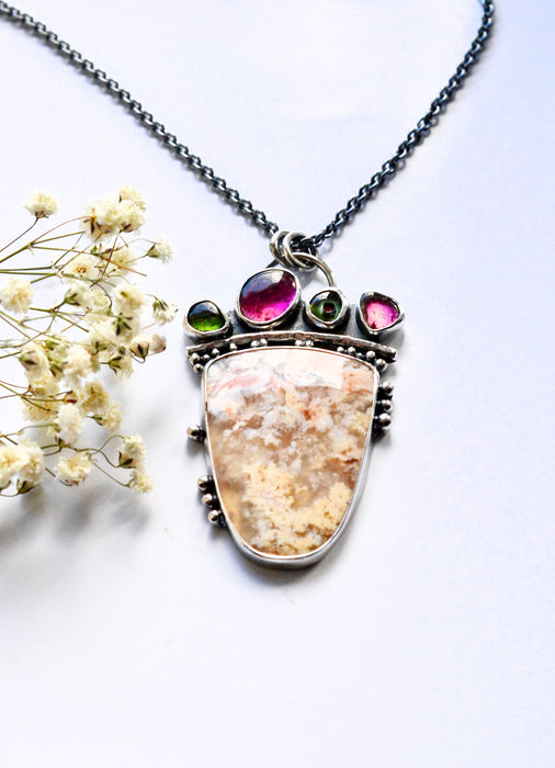Regency Plume Agate and Tourmaline Necklace in Silver