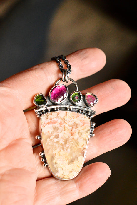 Regency Plume Agate and Tourmaline Necklace in Silver