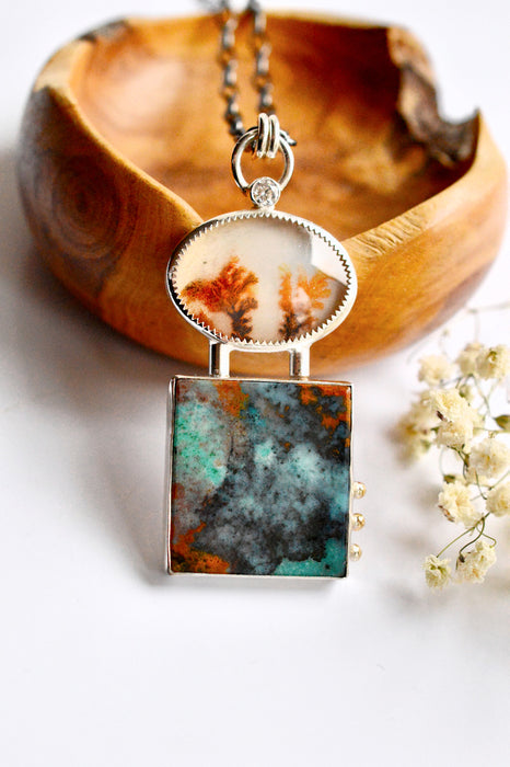 Opalized Wood and Dendritic Agate Necklace in Silver with Gold Details