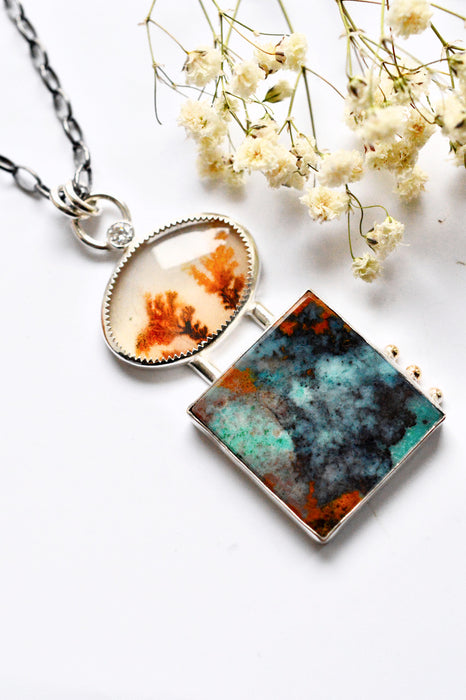 Opalized Wood and Dendritic Agate Necklace in Silver with Gold Details