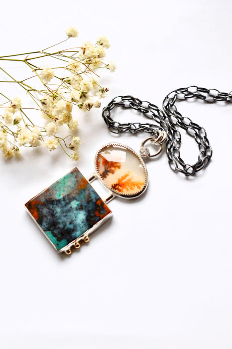 Opalized Wood and Dendritic Agate Necklace in Silver with Gold Details