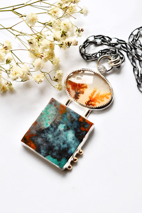 Opalized Wood and Dendritic Agate Necklace in Silver with Gold Details