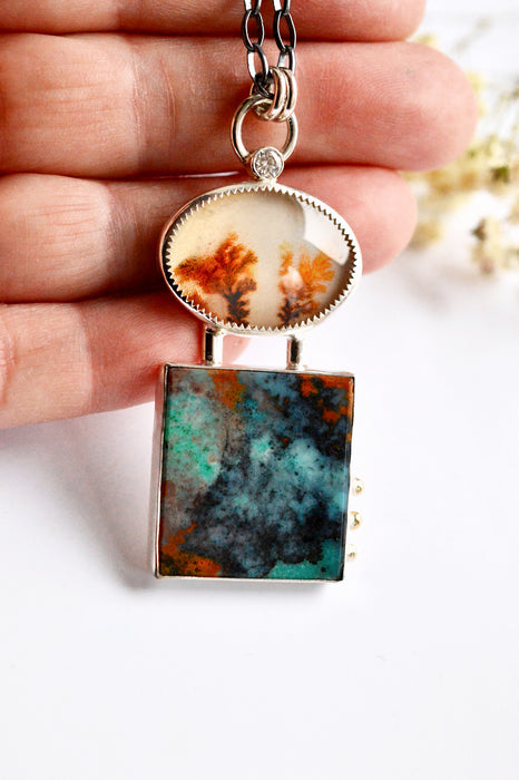 Opalized Wood and Dendritic Agate Necklace in Silver with Gold Details
