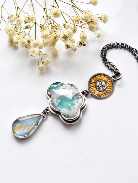 One of a Kind Celestial Necklace with Plume Agate Cloud and Rainbow Moonstone