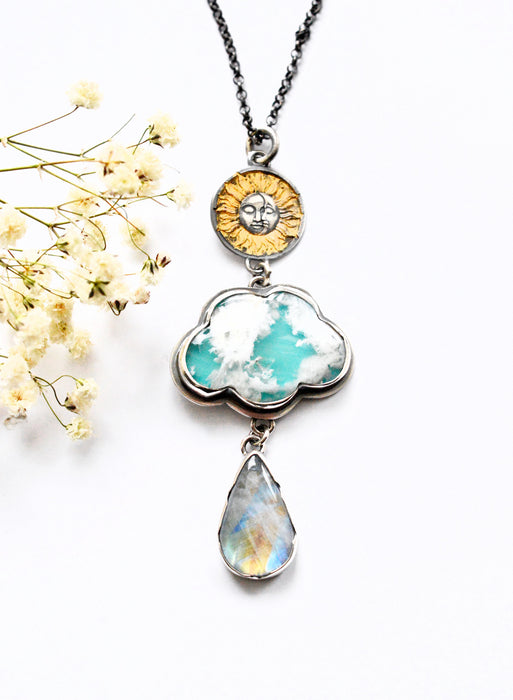 One of a Kind Celestial Necklace with Plume Agate Cloud and Rainbow Moonstone
