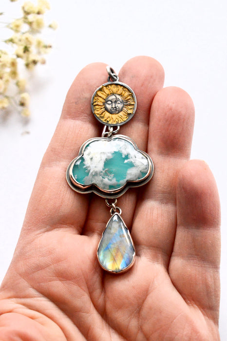 One of a Kind Celestial Necklace with Plume Agate Cloud and Rainbow Moonstone