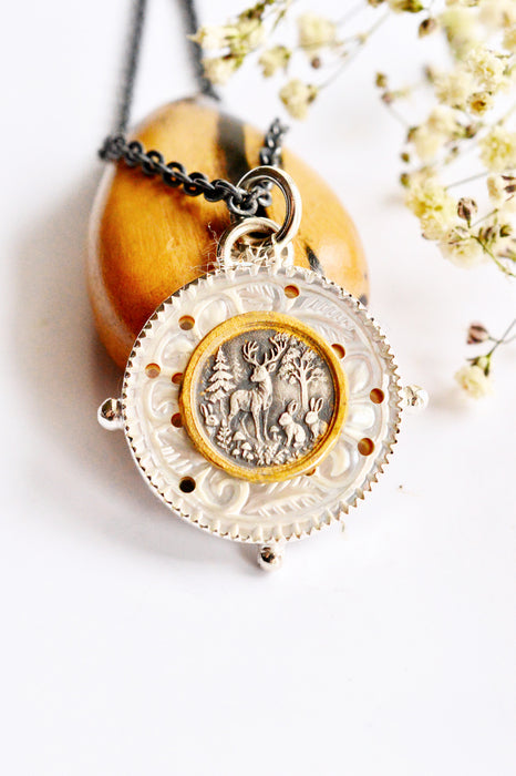 Nordic Relic No.2 - Carved Mother of Pearl Necklace in Silver with Gold Detail