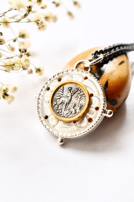 Nordic Relic No.2 - Carved Mother of Pearl Necklace in Silver with Gold Detail