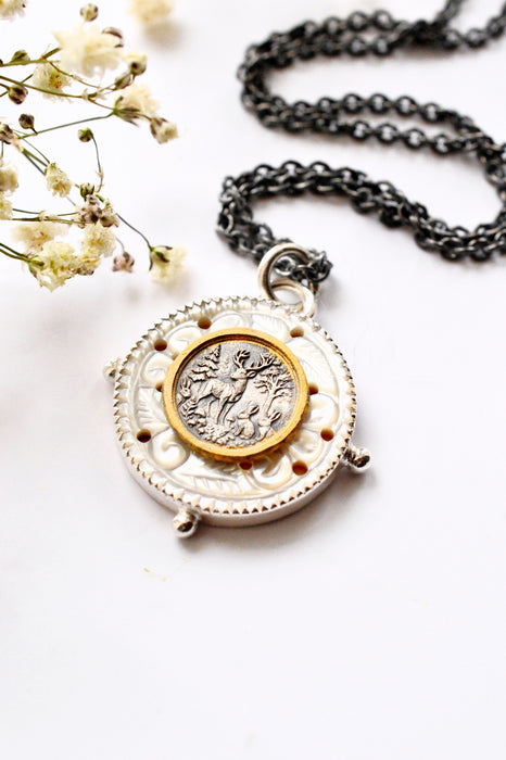 Nordic Relic No.2 - Carved Mother of Pearl Necklace in Silver with Gold Detail