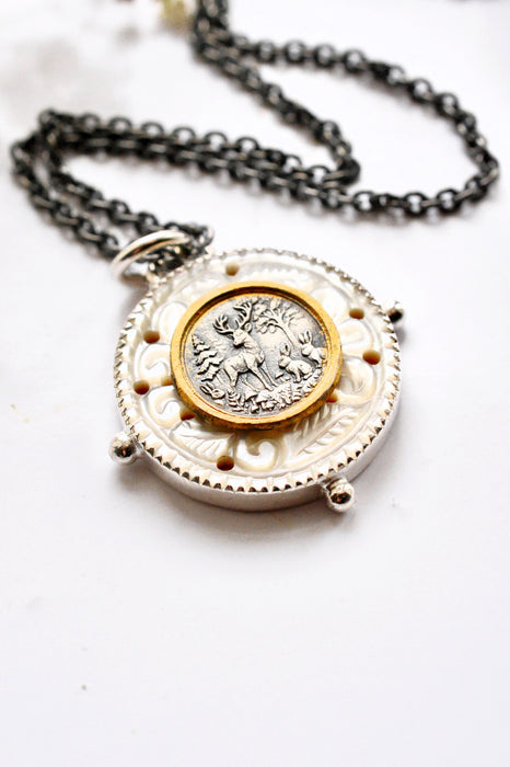 Nordic Relic No.2 - Carved Mother of Pearl Necklace in Silver with Gold Detail