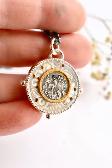 Nordic Relic No.2 - Carved Mother of Pearl Necklace in Silver with Gold Detail