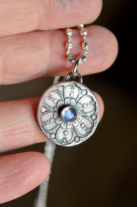 Etched Silver Flower and Moonstone Necklace