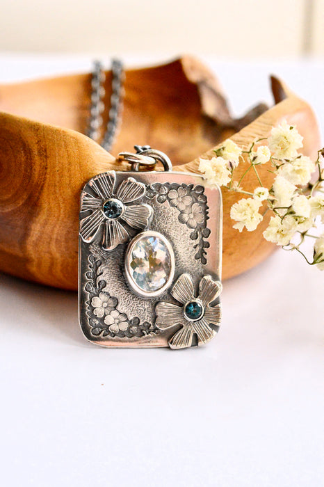 Forest Light Keepsake Necklace - Madagascar Moonstone Pendant in Silver with Floral Details