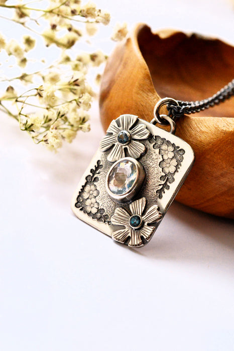 Forest Light Keepsake Necklace - Madagascar Moonstone Pendant in Silver with Floral Details