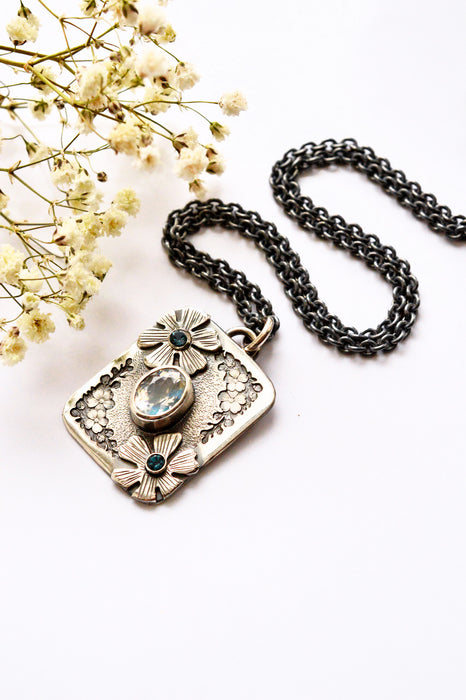 Forest Light Keepsake Necklace - Madagascar Moonstone Pendant in Silver with Floral Details