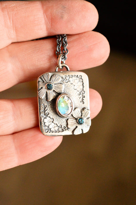 Forest Light Keepsake Necklace - Madagascar Moonstone Pendant in Silver with Floral Details