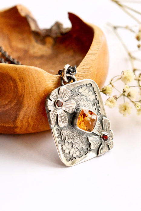 Forest Light Keepsake Necklace - Citrine Pendant in Silver with Floral Details