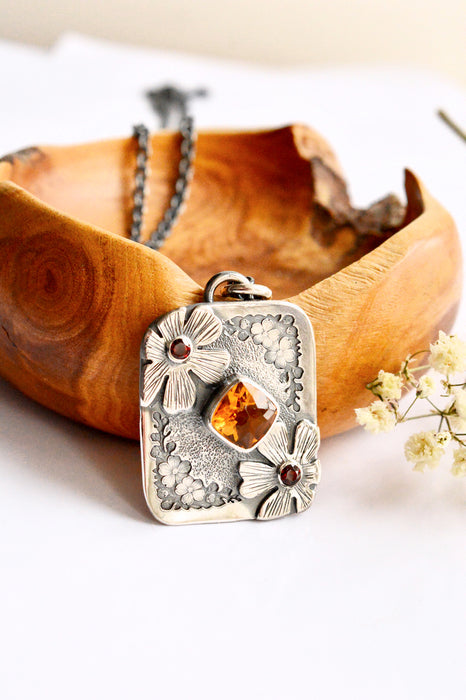 Forest Light Keepsake Necklace - Citrine Pendant in Silver with Floral Details