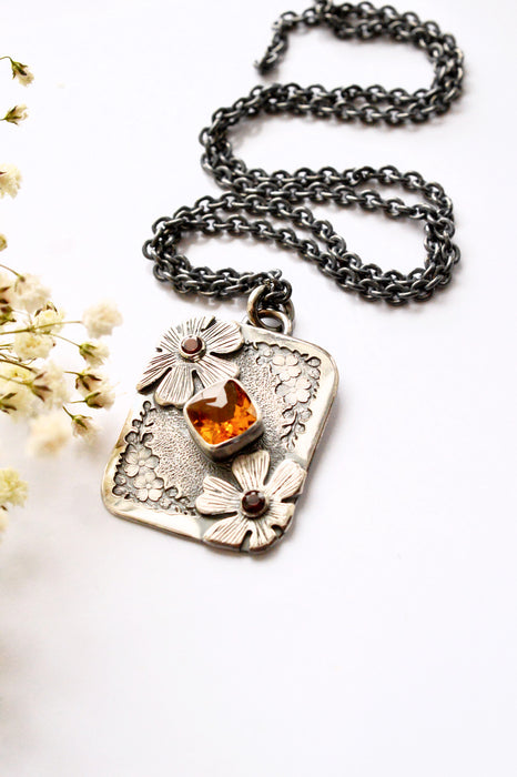 Forest Light Keepsake Necklace - Citrine Pendant in Silver with Floral Details