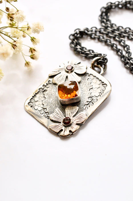 Forest Light Keepsake Necklace - Citrine Pendant in Silver with Floral Details