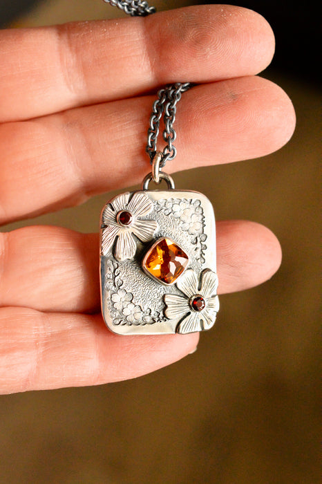 Forest Light Keepsake Necklace - Citrine Pendant in Silver with Floral Details