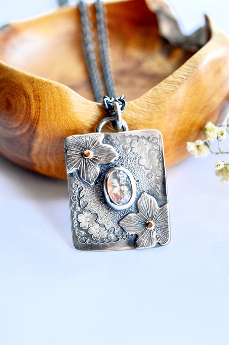 Forest Light Keepsake Necklace - Madagascar Moonstone Pendant in Silver with Floral Details