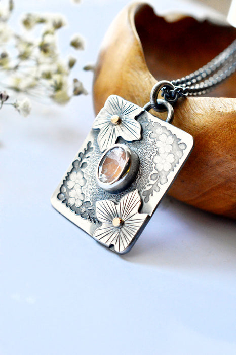 Forest Light Keepsake Necklace - Madagascar Moonstone Pendant in Silver with Floral Details
