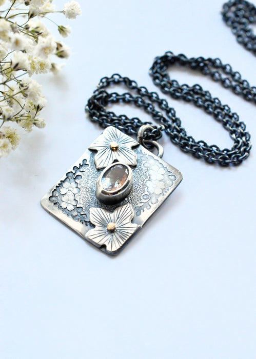Forest Light Keepsake Necklace - Madagascar Moonstone Pendant in Silver with Floral Details