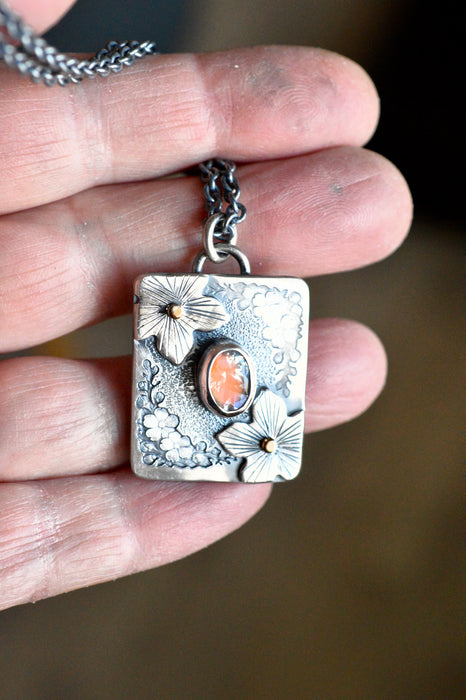 Forest Light Keepsake Necklace - Madagascar Moonstone Pendant in Silver with Floral Details