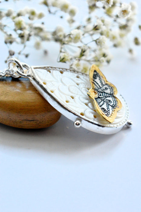 Nordic Relic No.8 - Carved Mother of Pearl Necklace in Silver with Gold Detail