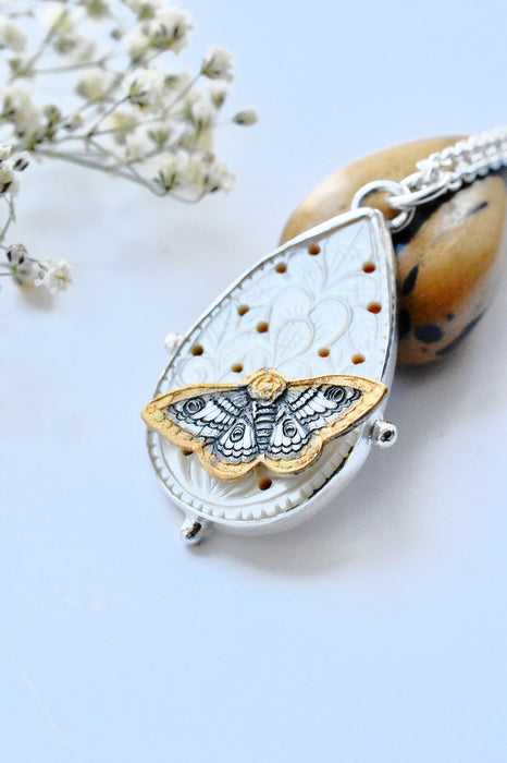 Nordic Relic No.8 - Carved Mother of Pearl Necklace in Silver with Gold Detail