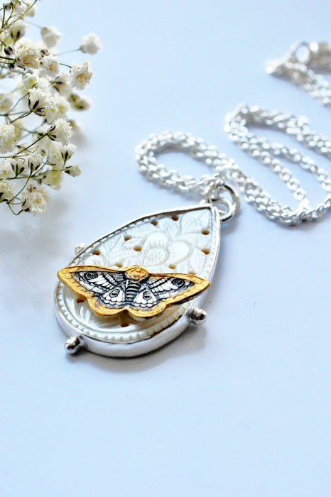 Nordic Relic No.8 - Carved Mother of Pearl Necklace in Silver with Gold Detail