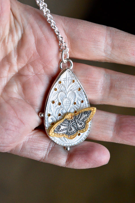 Nordic Relic No.8 - Carved Mother of Pearl Necklace in Silver with Gold Detail