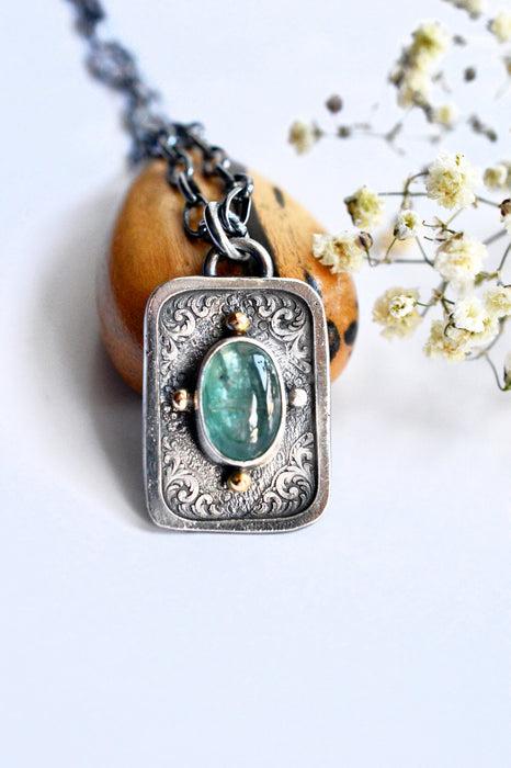 RESERVED FOR DEBORAH/ Dainty Aqua Kyanite Pendant in Etched Silver